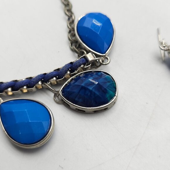 Blue Teardrop Statement Necklace Matching Earrings Set Silver Tone - Picture 8 of 9